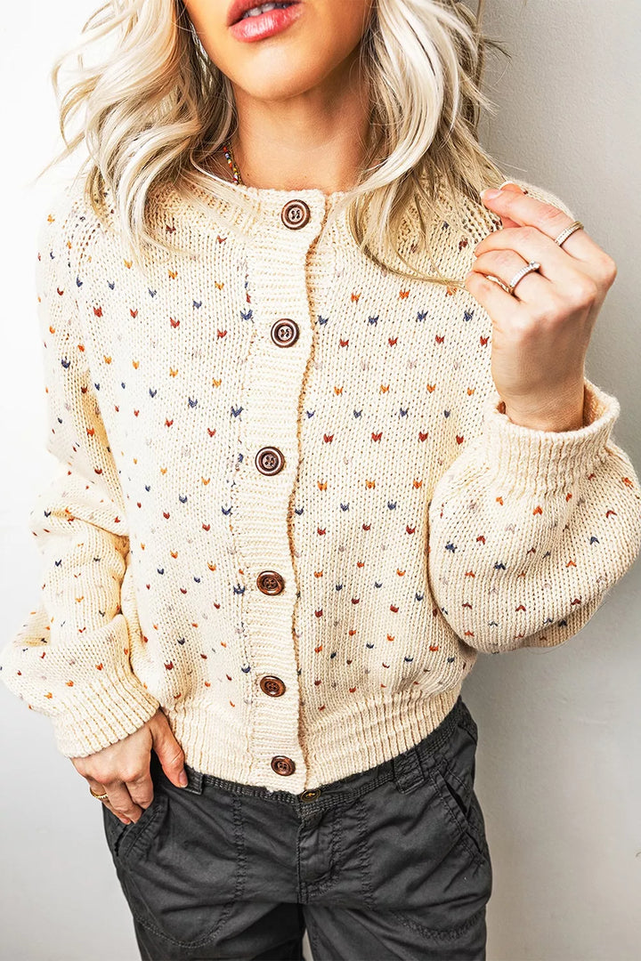 Speckled dot knit button-front cardigan with balloon sleeves