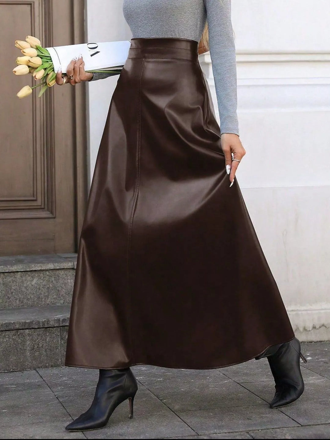 High-rise faux leather A-line midi skirt