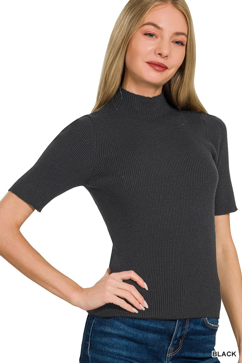 BLACK Ribbed knit mock neck short sleeve sweater top