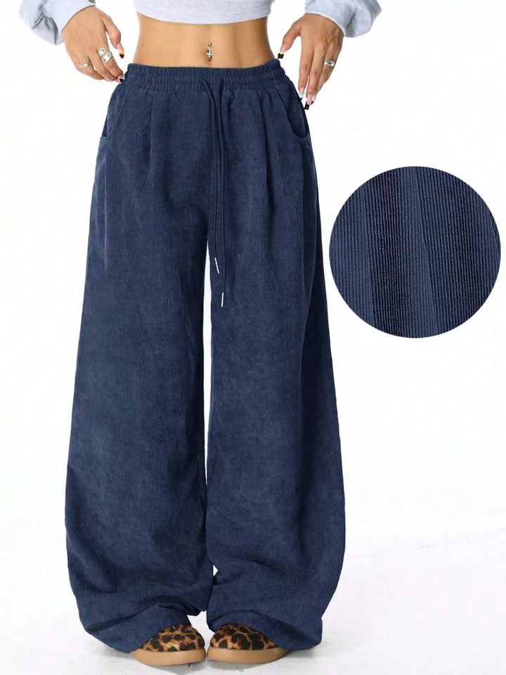 Wide-leg corduroy drawstring pants with pockets