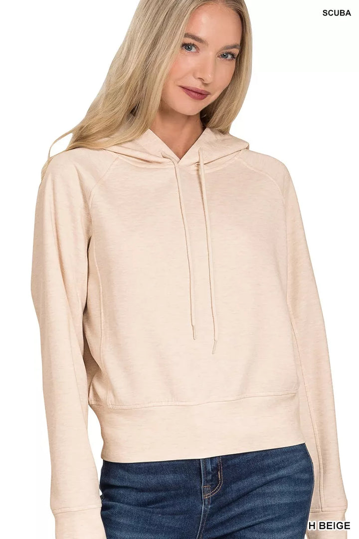 H BEIGE Cropped scuba knit pullover hoodie with drawstring