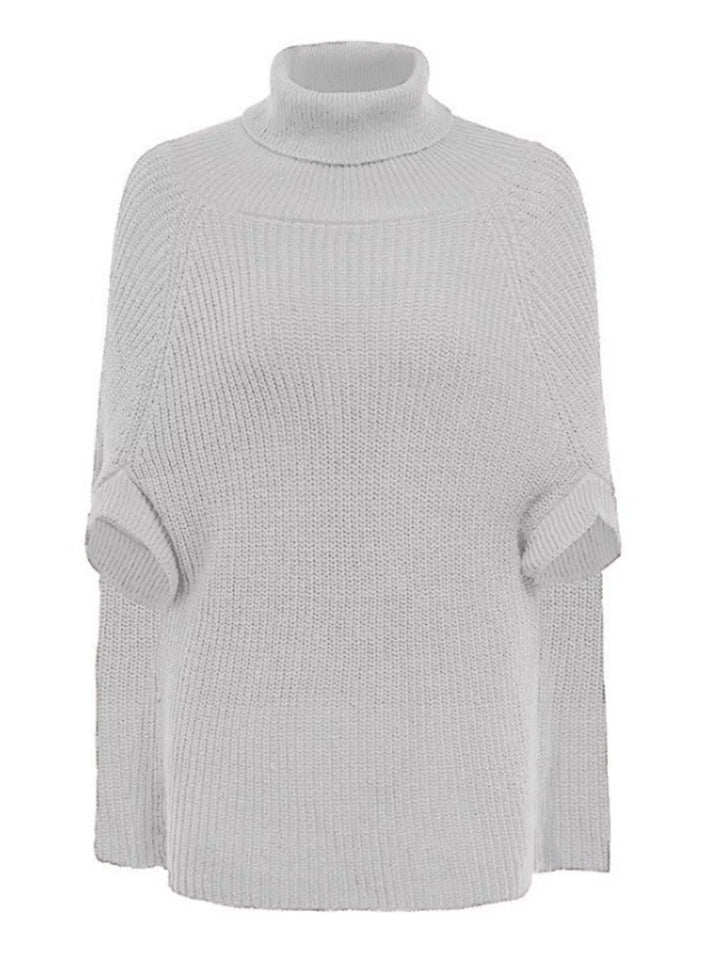 White Ribbed turtleneck cape sweater with side slits
