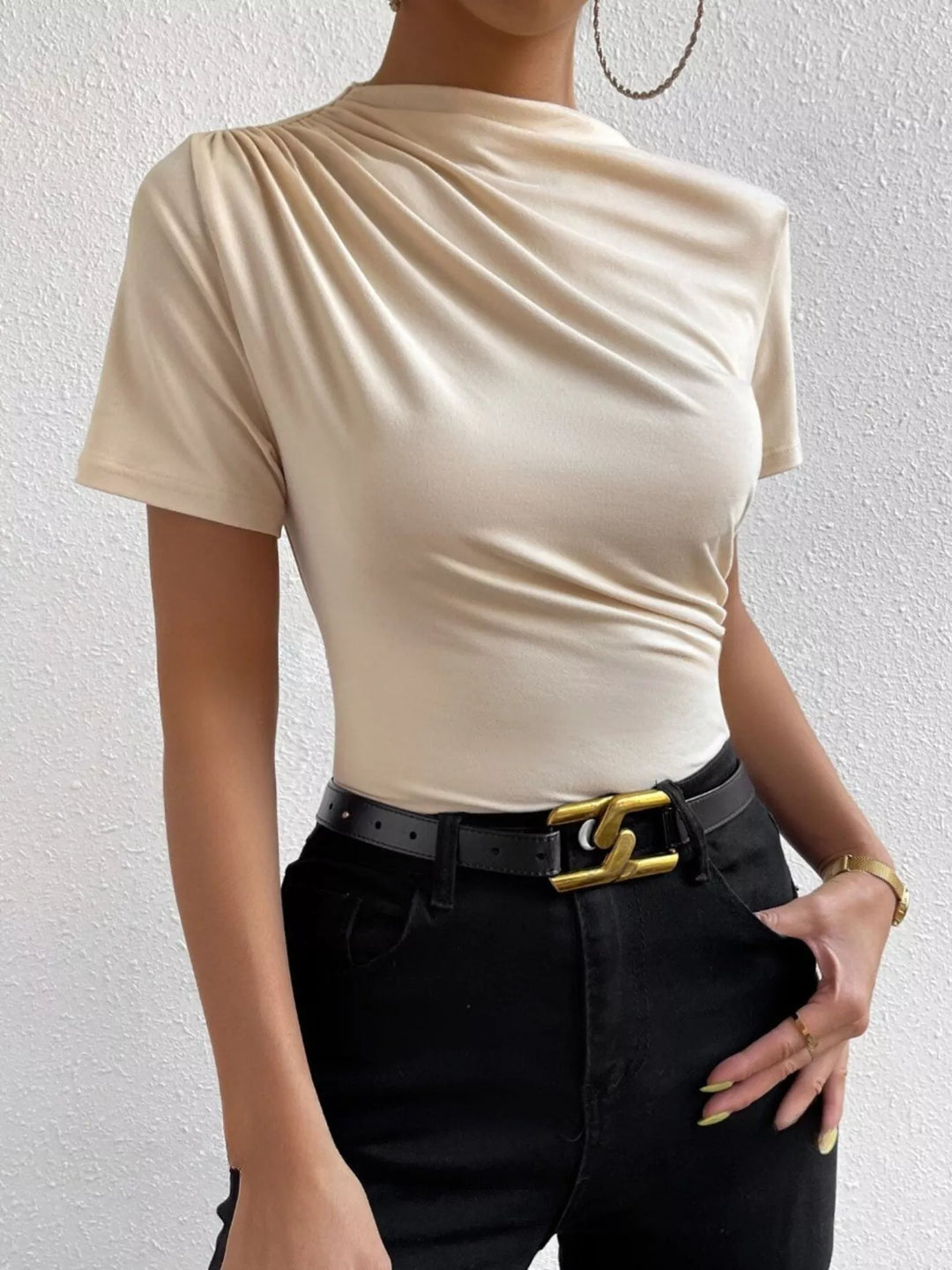 Beige Ruched asymmetric short sleeve fitted top
