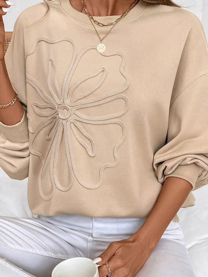 Beige Embroidered floral drop-shoulder crew neck sweatshirt