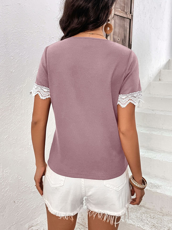 Lace-trim V-neck short sleeve top with button placket