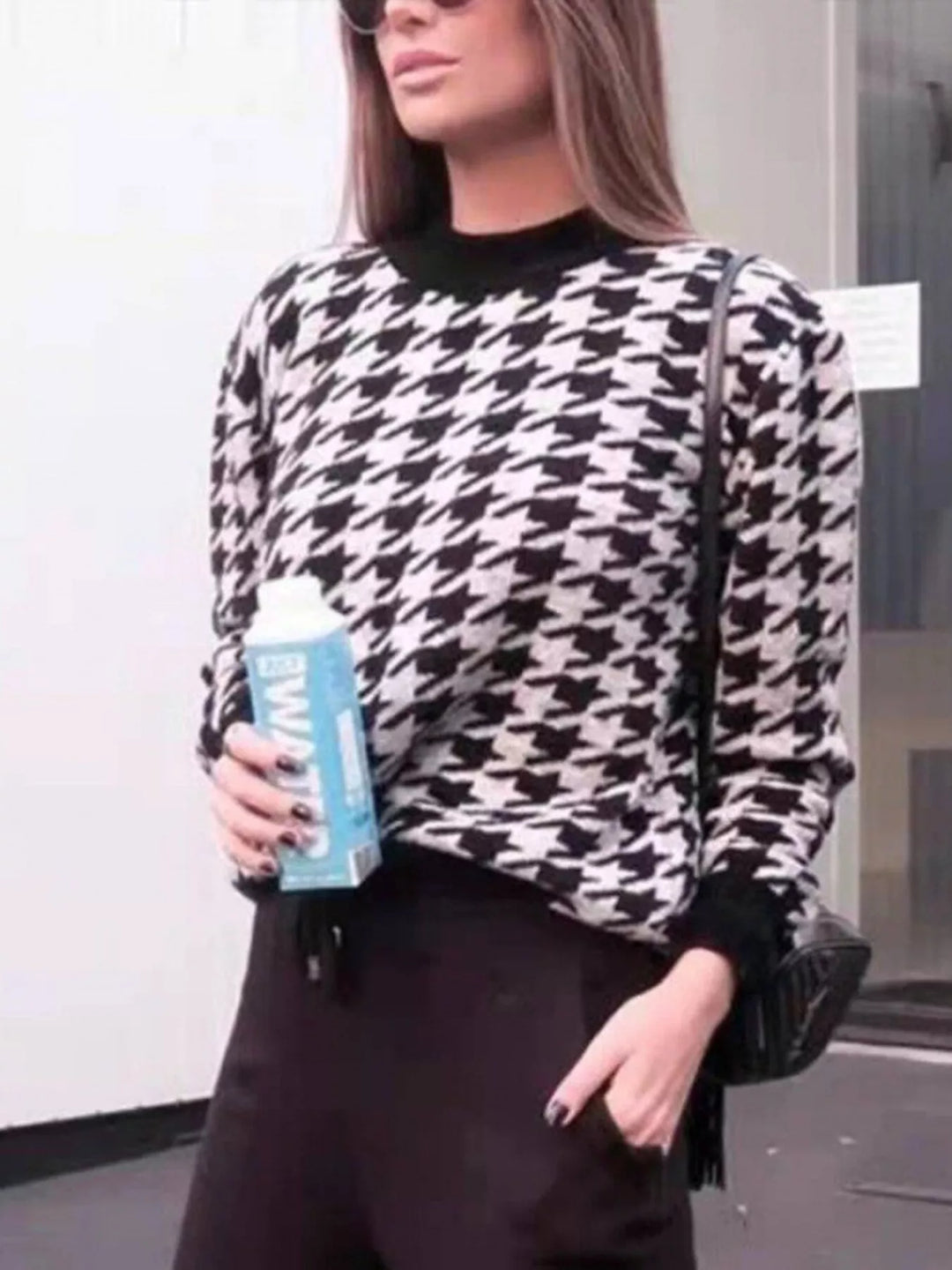 Houndstooth oversized crewneck knit sweater