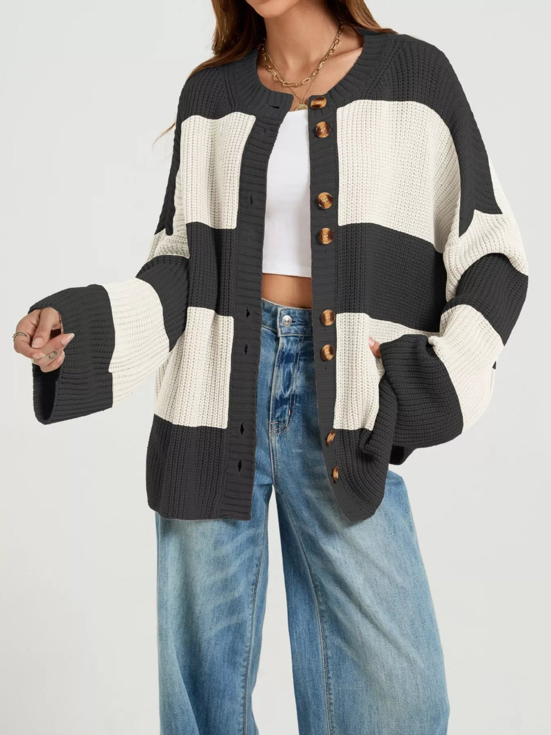 Black Color block ribbed knit button-up cardigan