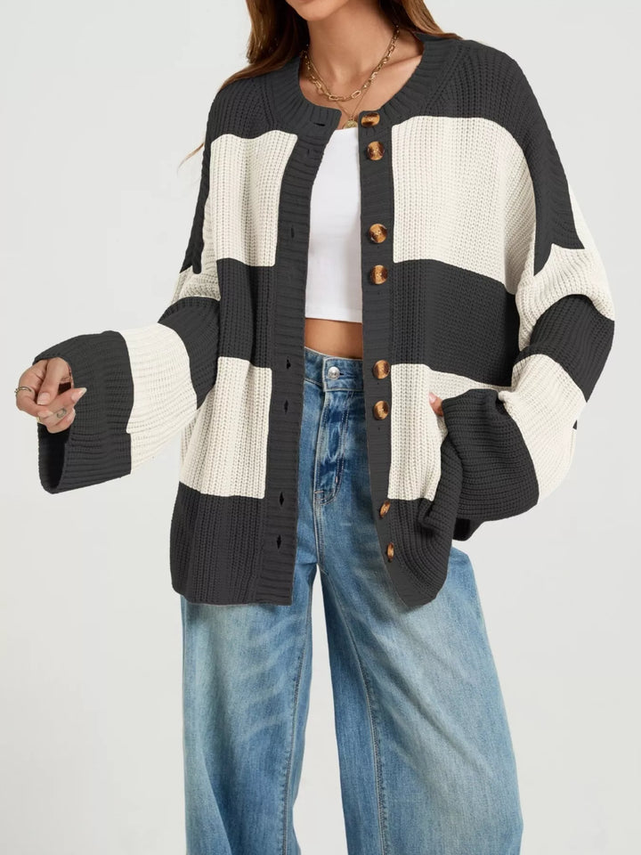 Black Color block ribbed knit button-up cardigan