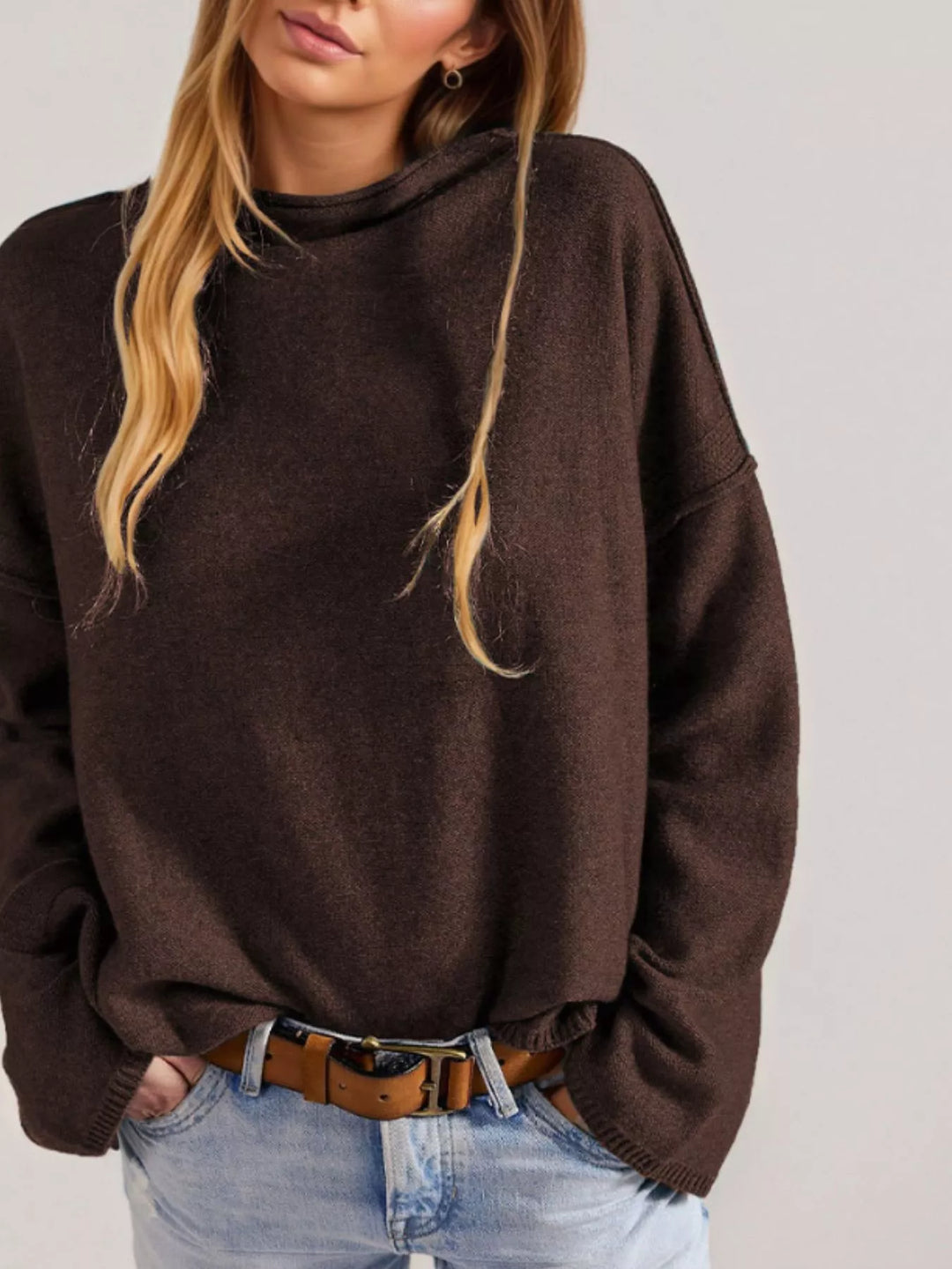 Chocolate Exposed seam oversized knit sweater with wide sleeves