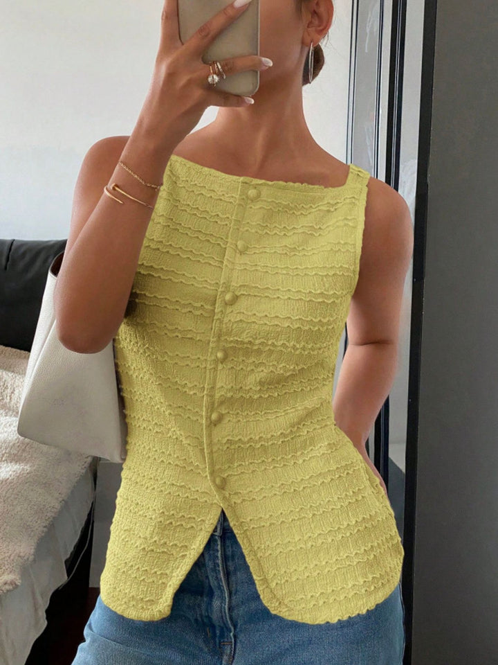 Textured button-front tank with square neck and split hem
