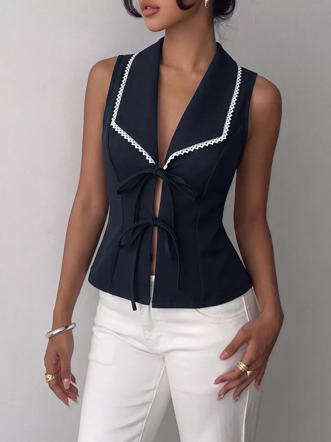 Navy Blue Lace-trim lapel tie-front sleeveless vest top