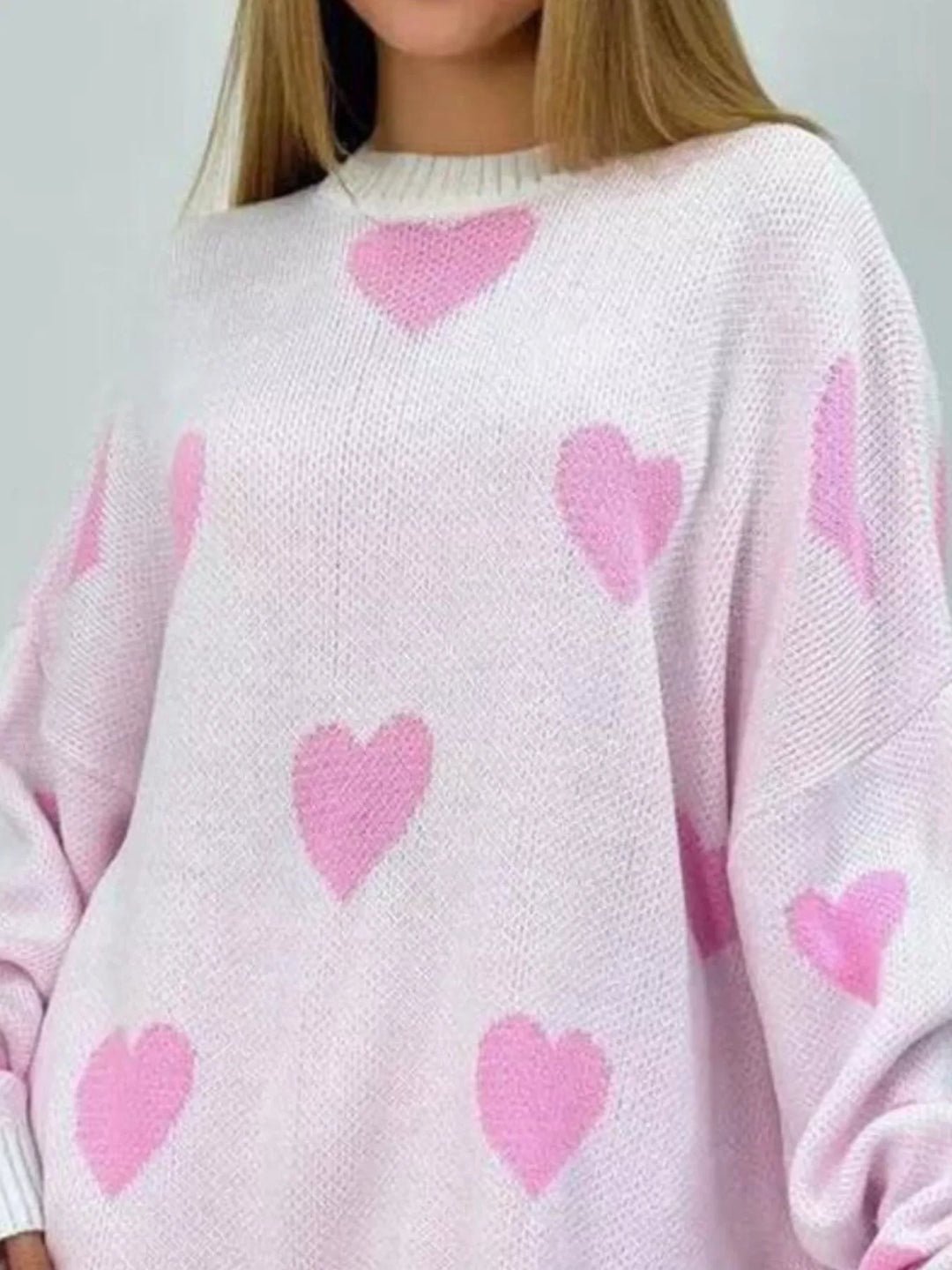 Oversized heart-print knit sweater with drop shoulders