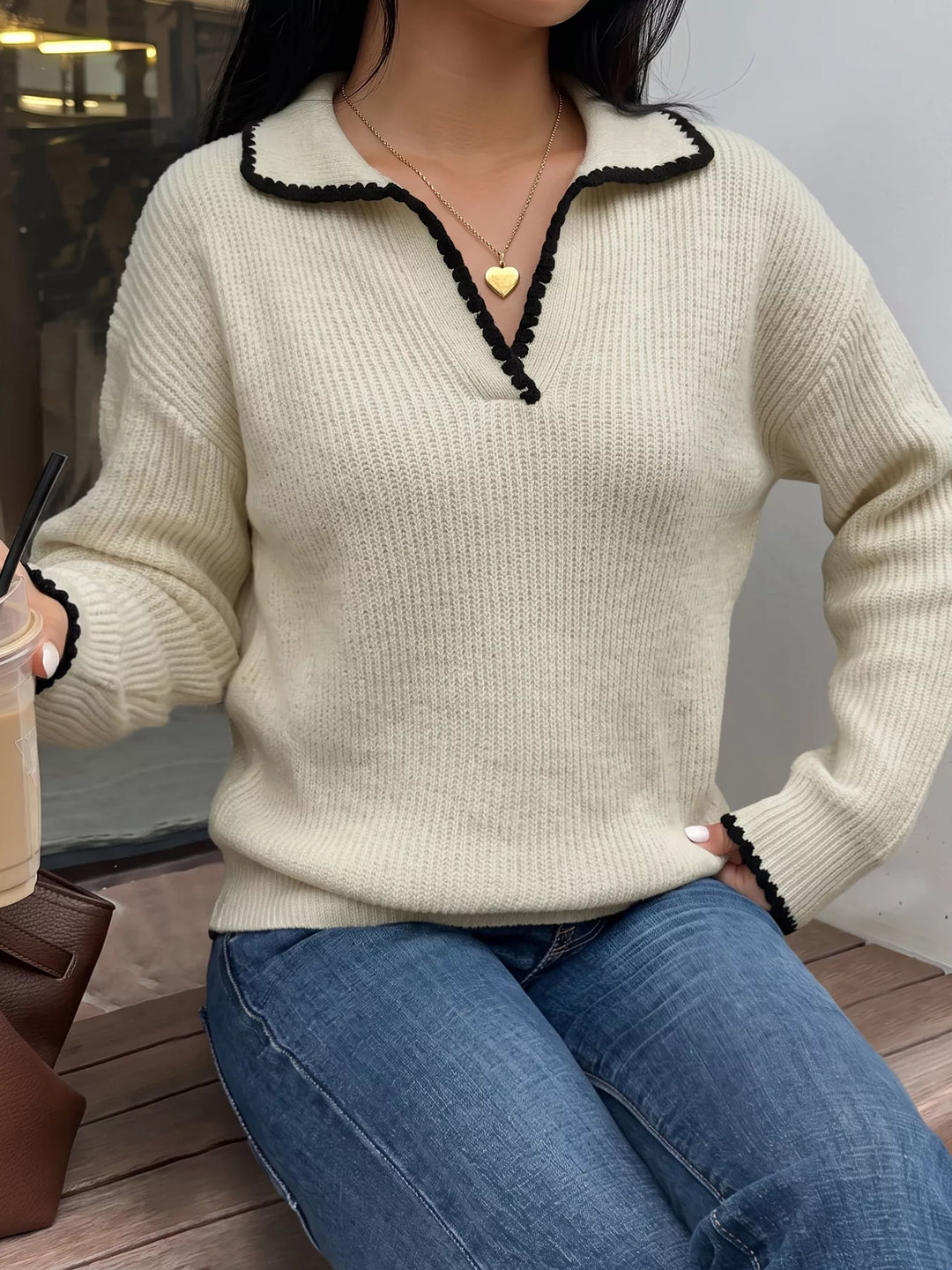 Contrast trim ribbed knit polo sweater with dropped shoulders