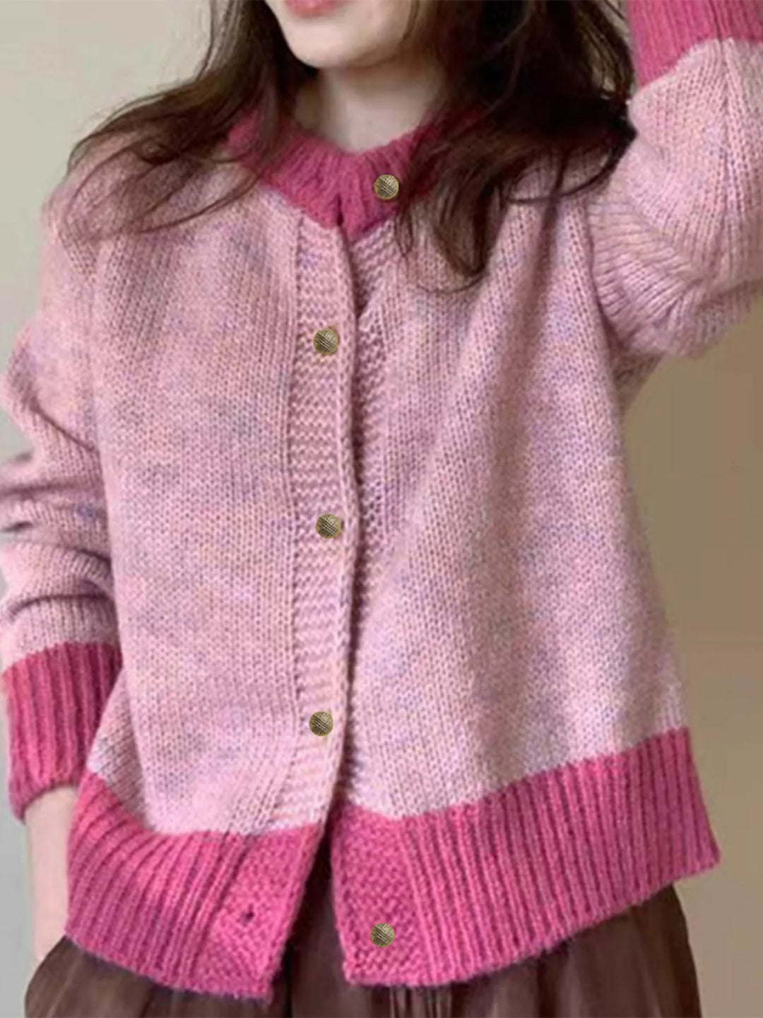 Color-block ribbed knit cardigan with gold buttons