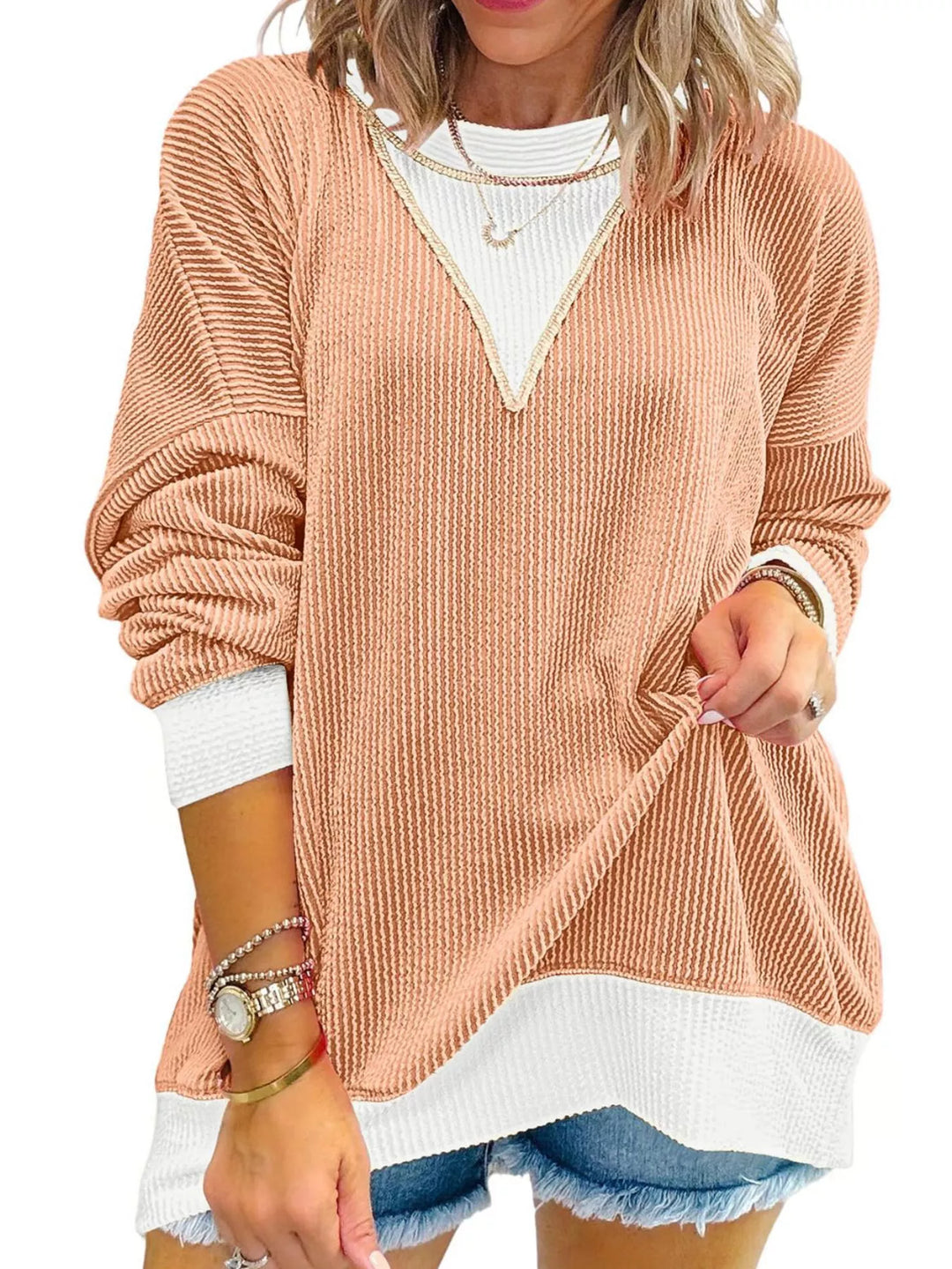Sherbet Contrast-trim ribbed dropped-shoulder sweatshirt