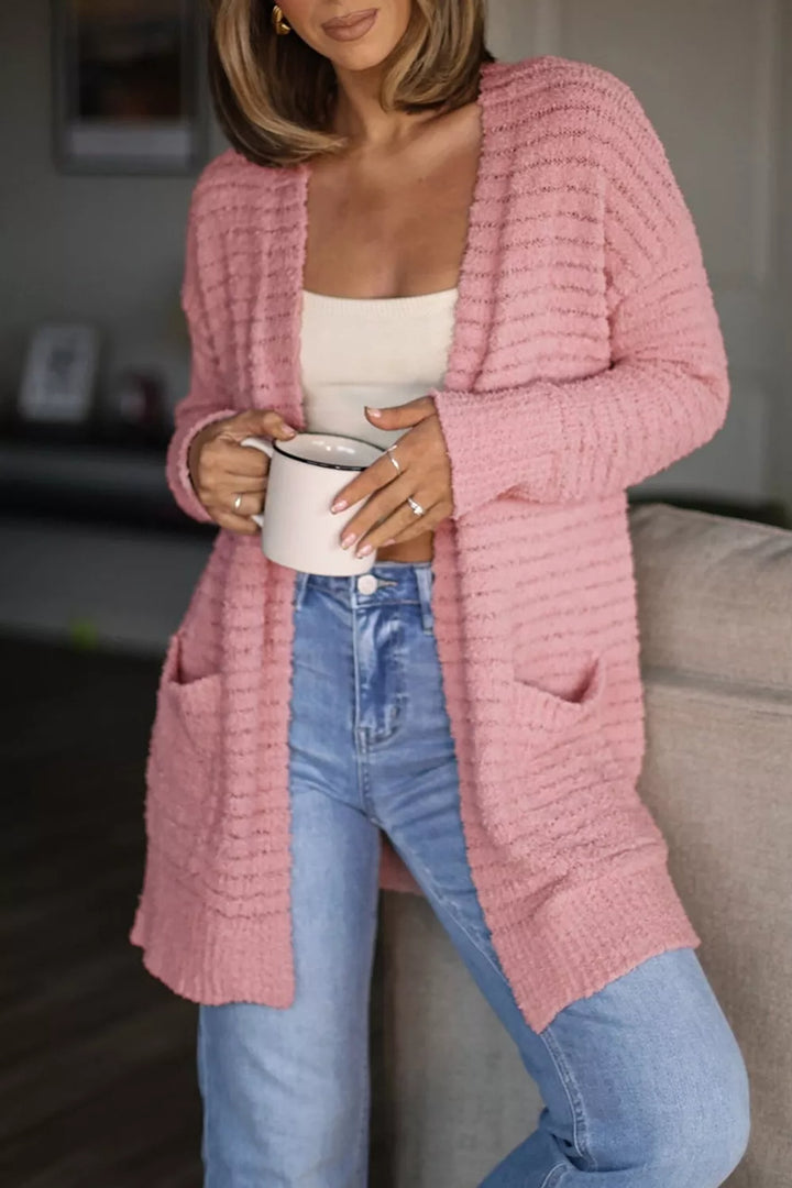 Dusty Pink Open front fuzzy ribbed knit cardigan with patch pockets