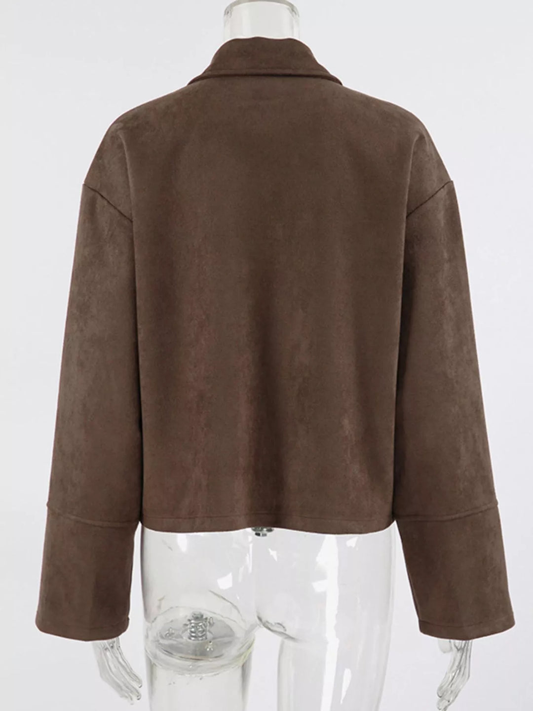 Cropped faux suede zip-up jacket with dropped shoulders