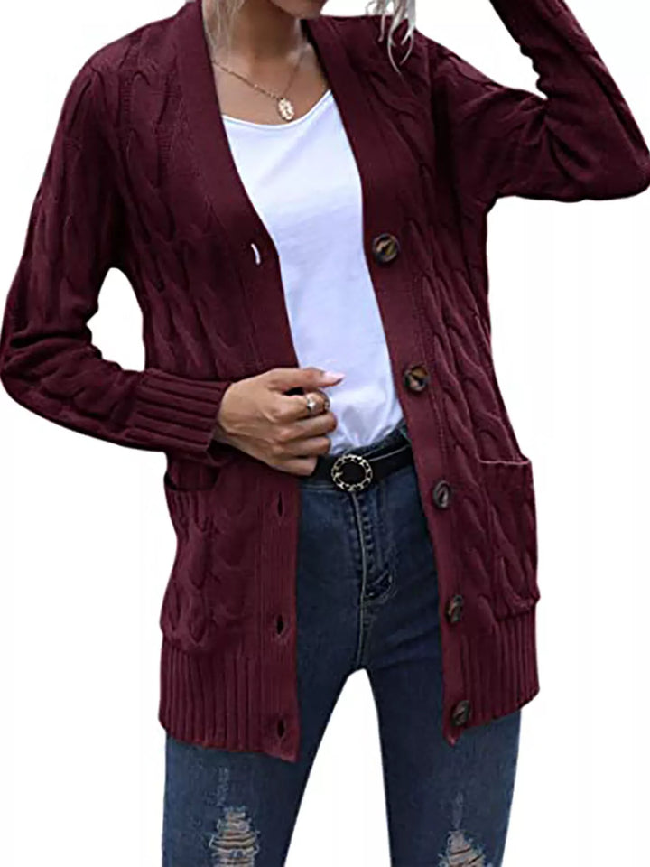 Dark Red Chunky cable knit button-down cardigan with pockets