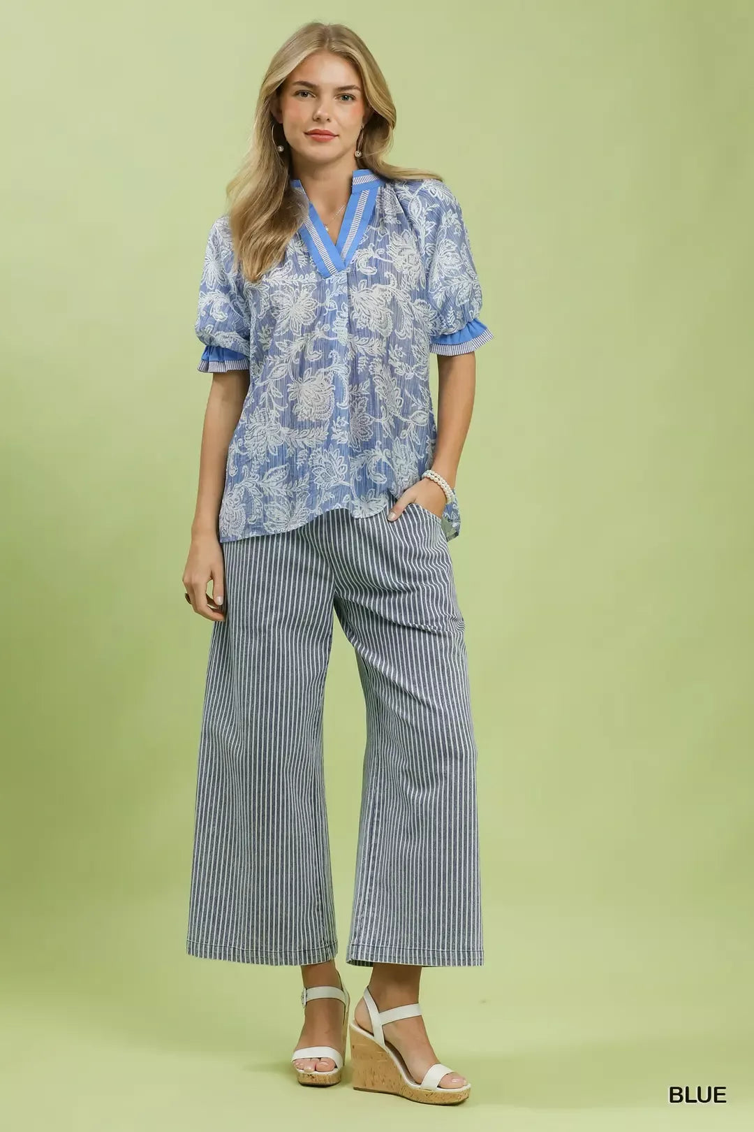 Floral print puff sleeve top with striped contrast trim