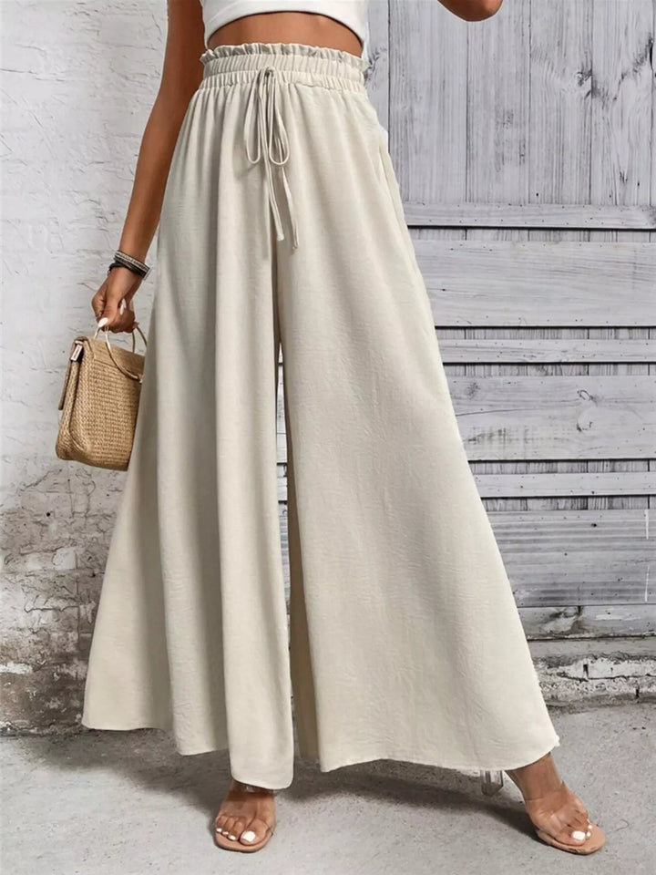 Beige High-rise paper bag wide leg drawstring pants