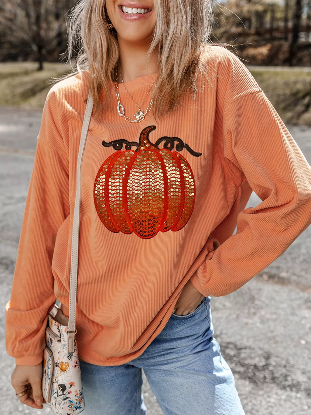 Sequin pumpkin ribbed corded crew neck sweatshirt