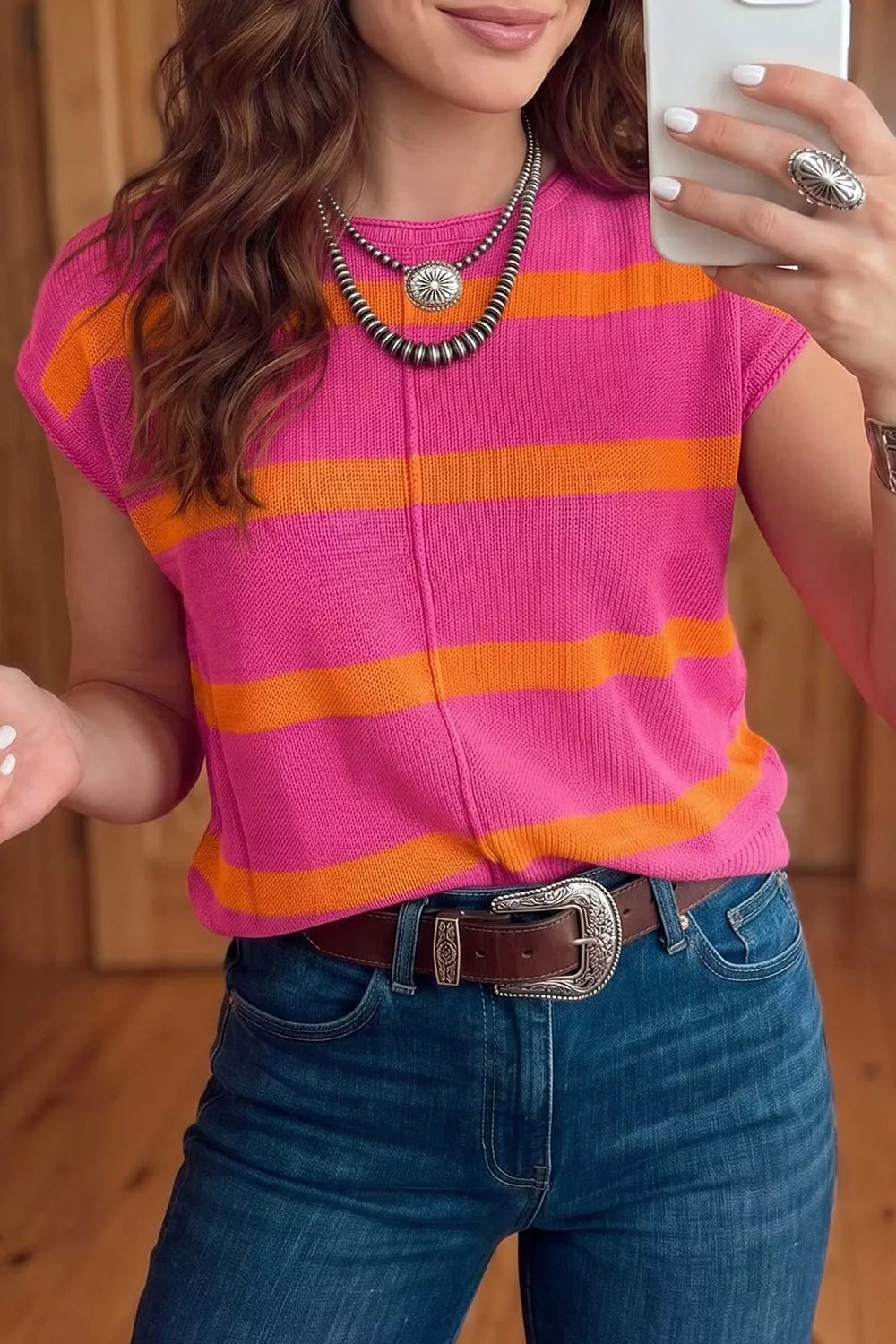 Hot Pink Striped knit short sleeve sweater top with center seam