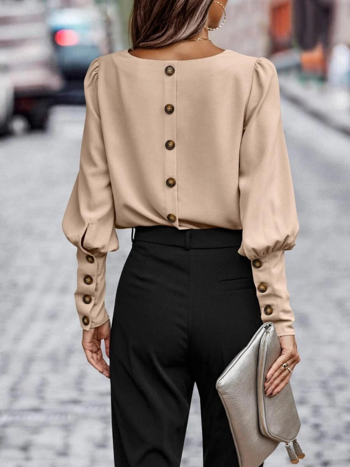 Lantern sleeve round neck blouse with puff shoulders