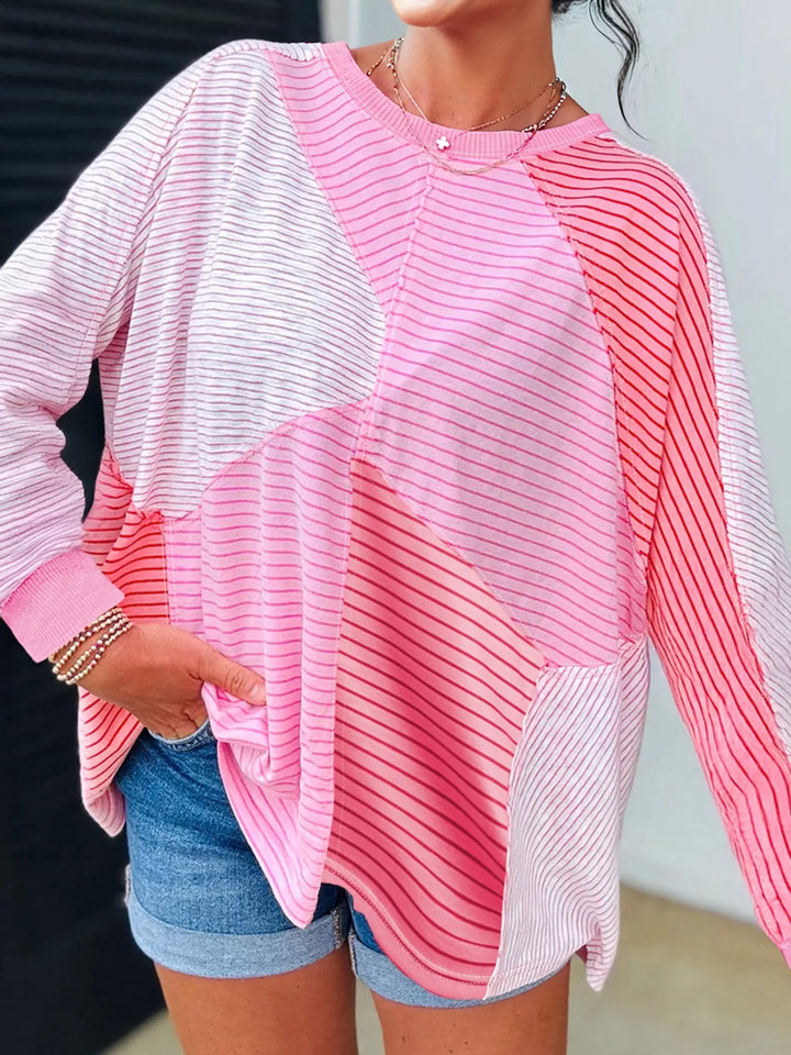 Pink Exposed seam striped colorblock long sleeve top