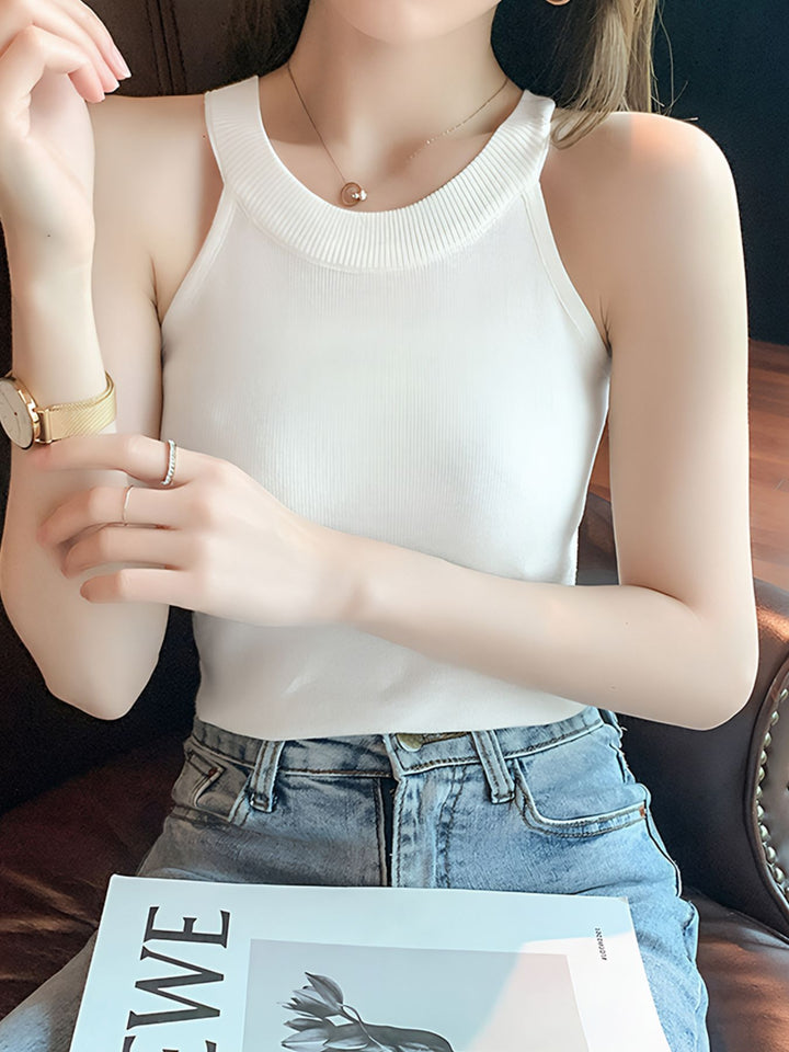 Ribbed knit sleeveless tank with high round neck