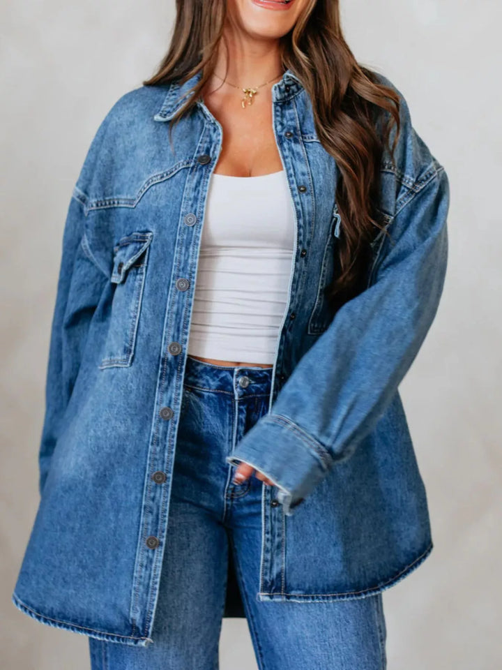 Oversized snap-front denim shacket with chest pockets