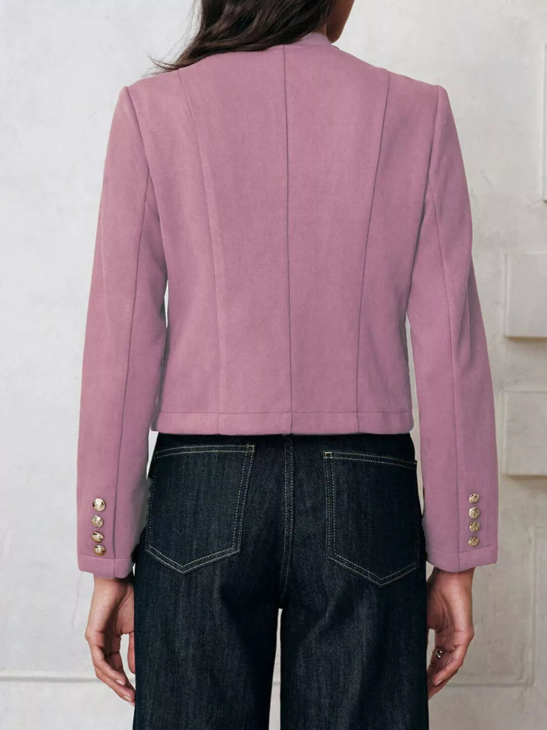 Round neck collarless blazer with gold buttons