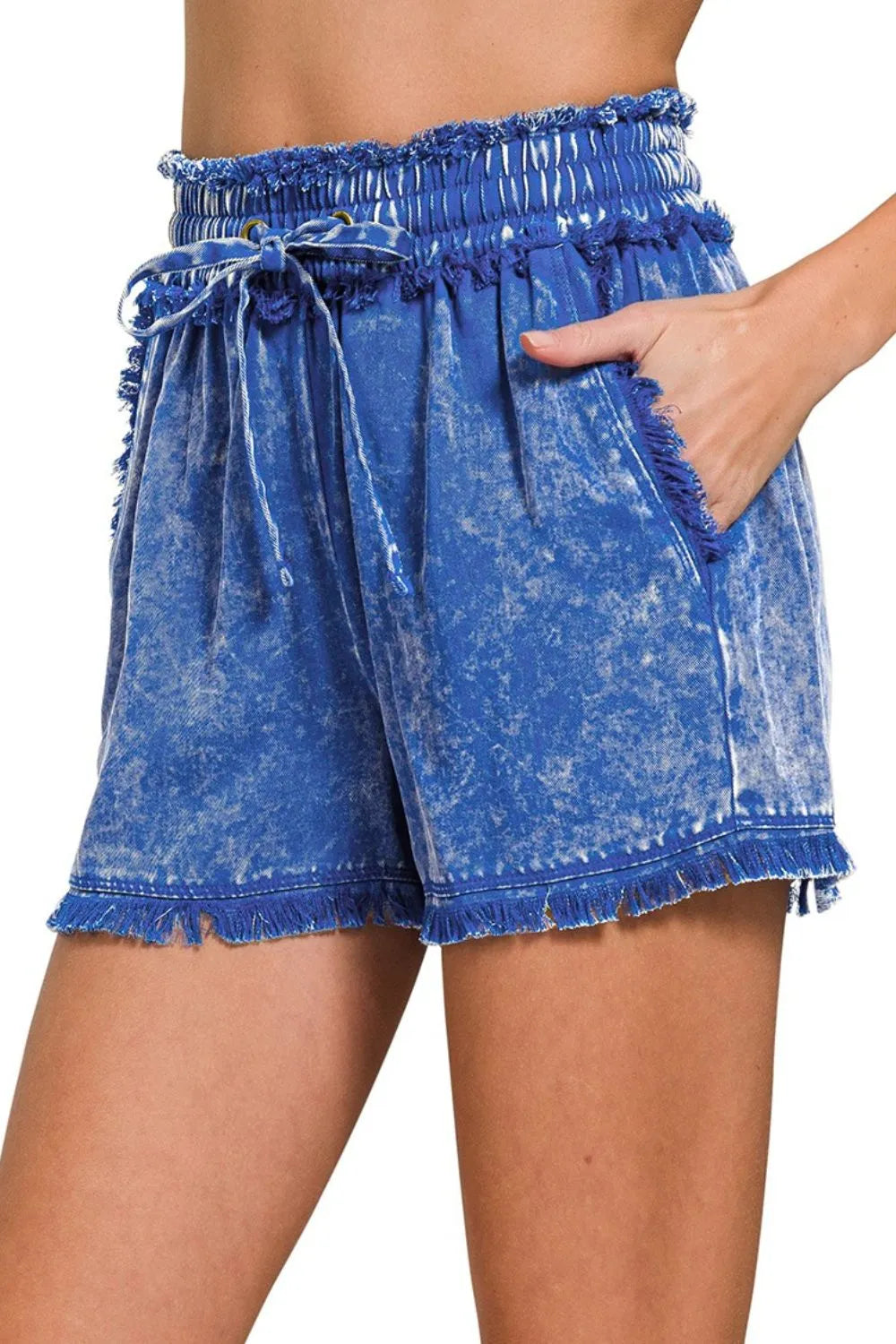 CLASSIC BLUE Frayed hem mineral wash denim shorts with smocked waist