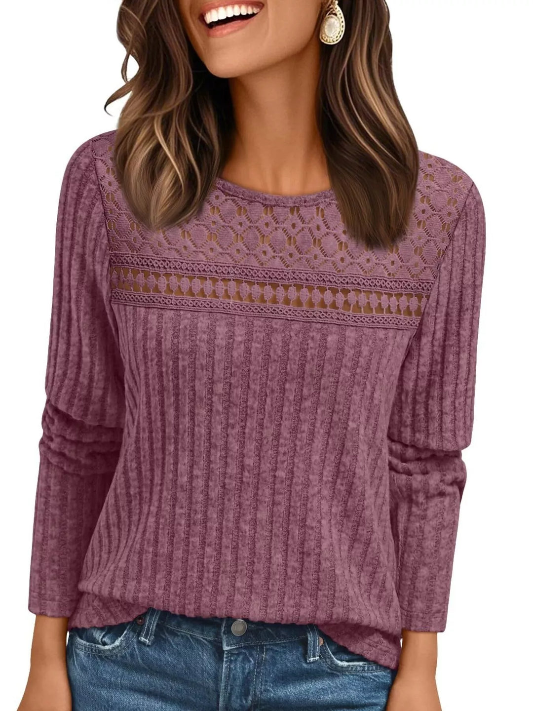 Ribbed knit long sleeve top with lace yoke