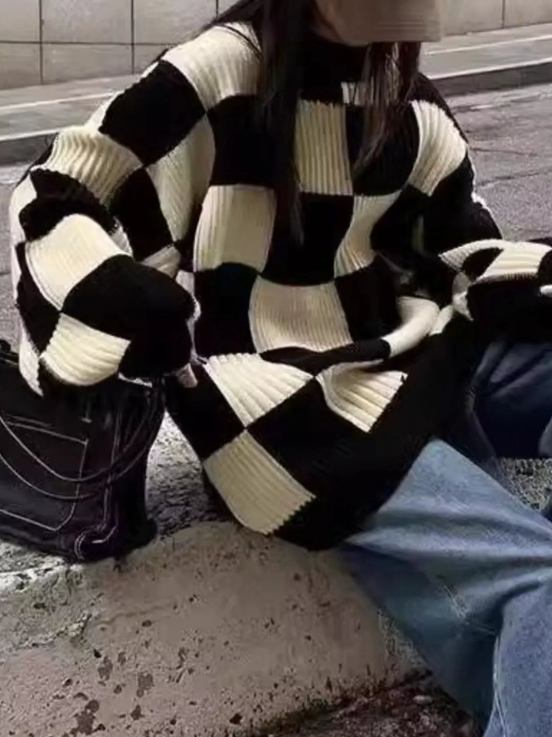 Checkerboard oversized ribbed knit sweater