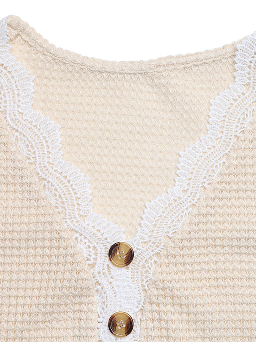 Lace trim waffle knit henley top with wood buttons