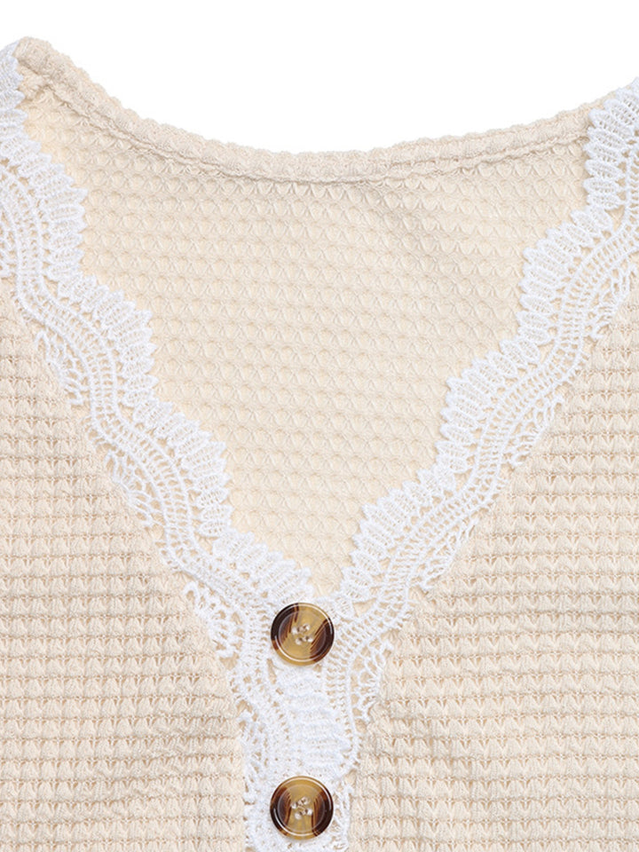 Lace trim waffle knit henley top with wood buttons
