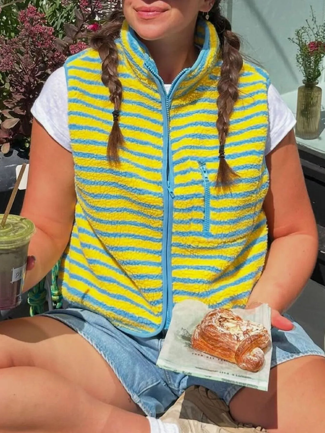 Striped fleece zip-up vest with stand collar