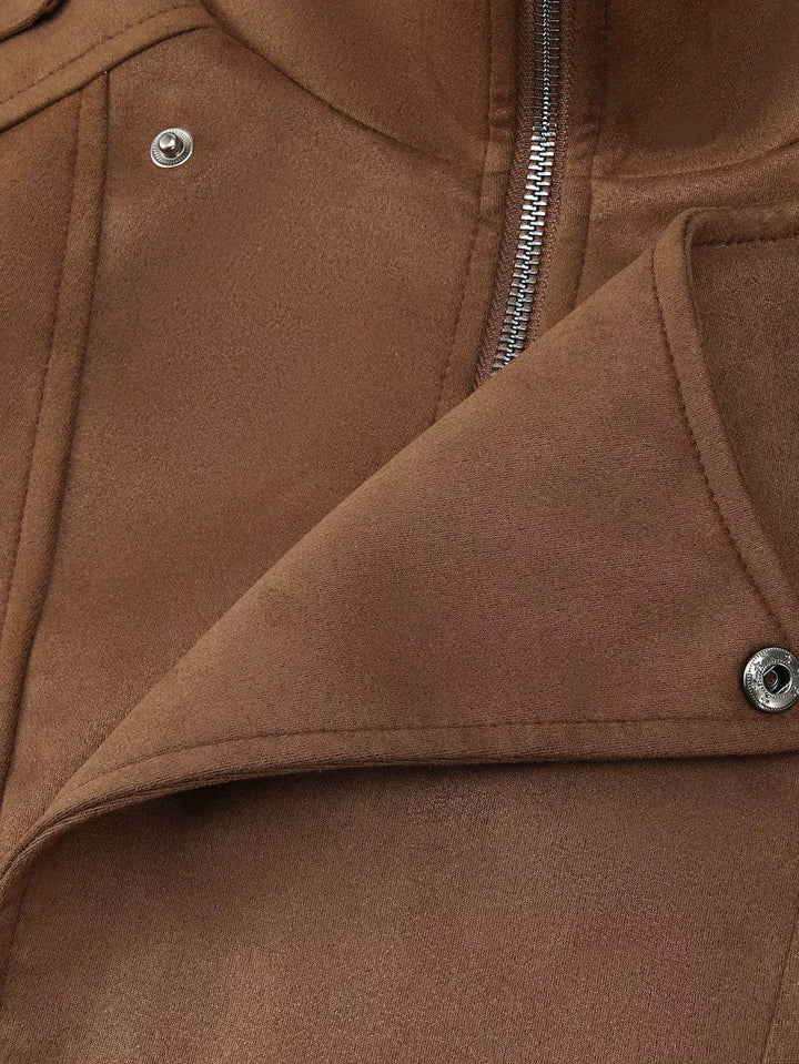 Faux suede moto jacket with asymmetrical zip and belted hem