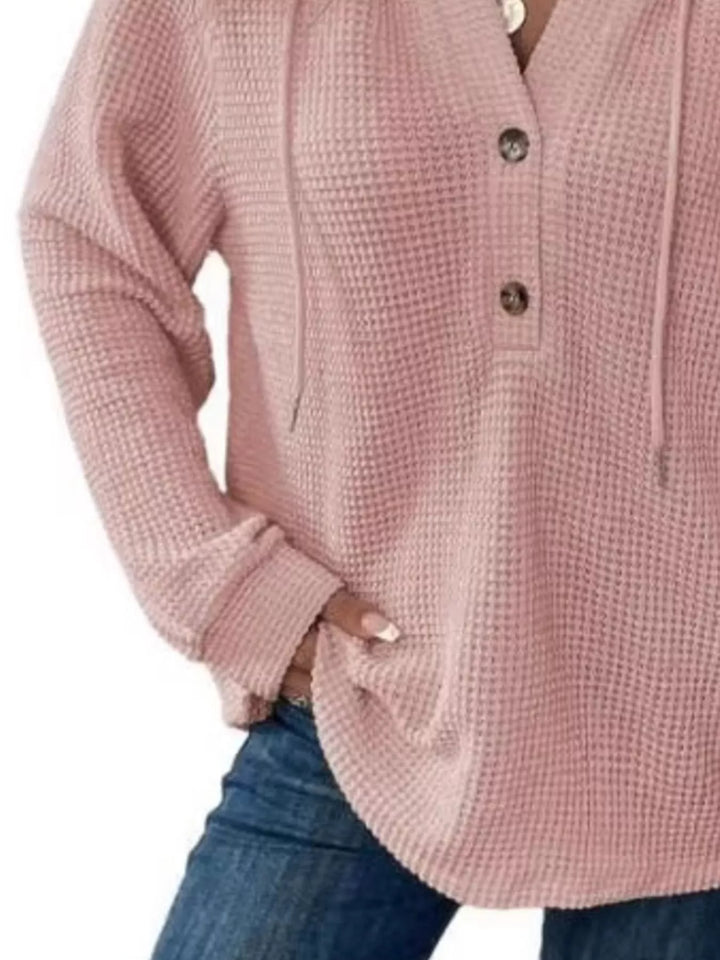 Button-detail waffle knit hoodie with drawstring hood