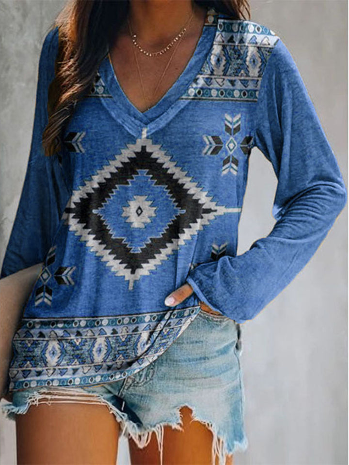 Blue Aztec geometric print v-neck long sleeve top
