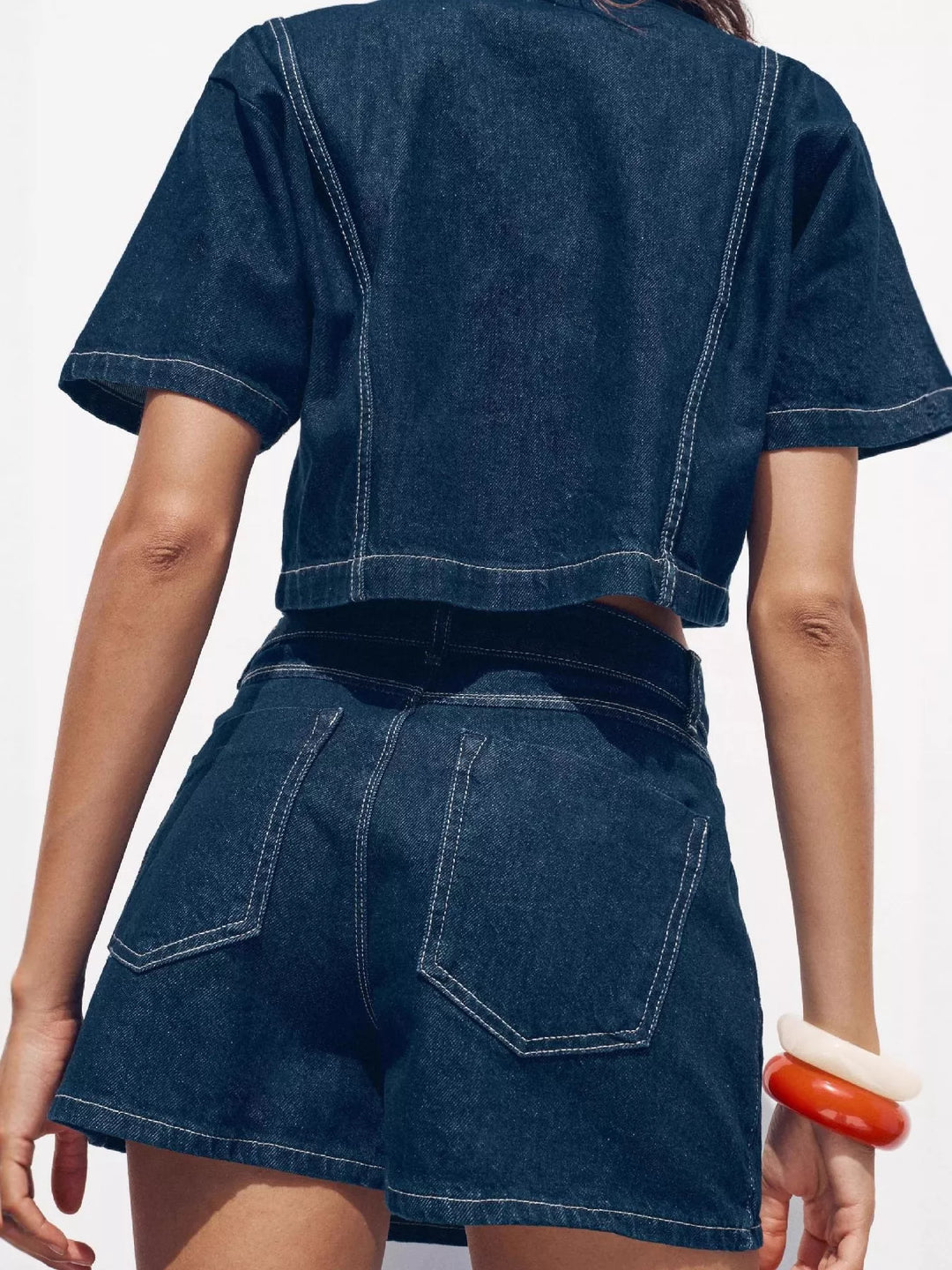 Contrast-stitch denim button-up crop shirt and skort set