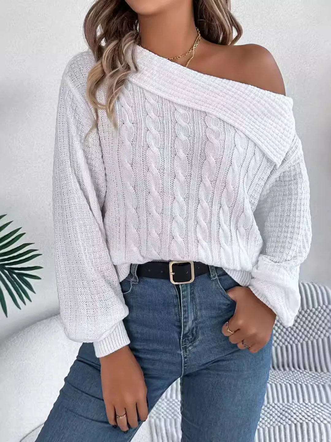 White Cable knit one-shoulder sweater with fold-over ribbed collar