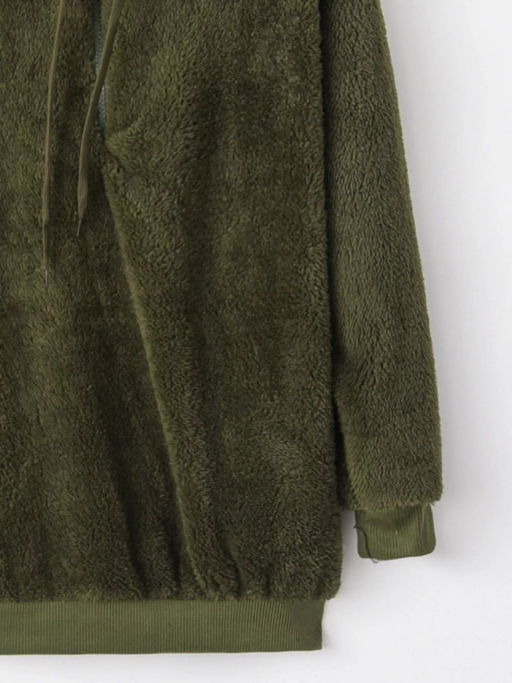 Plush half-zip fleece hoodie with drawstring hood and pockets