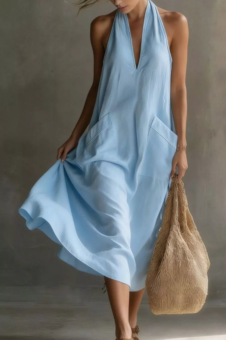 Relaxed halter neck midi dress with patch pockets