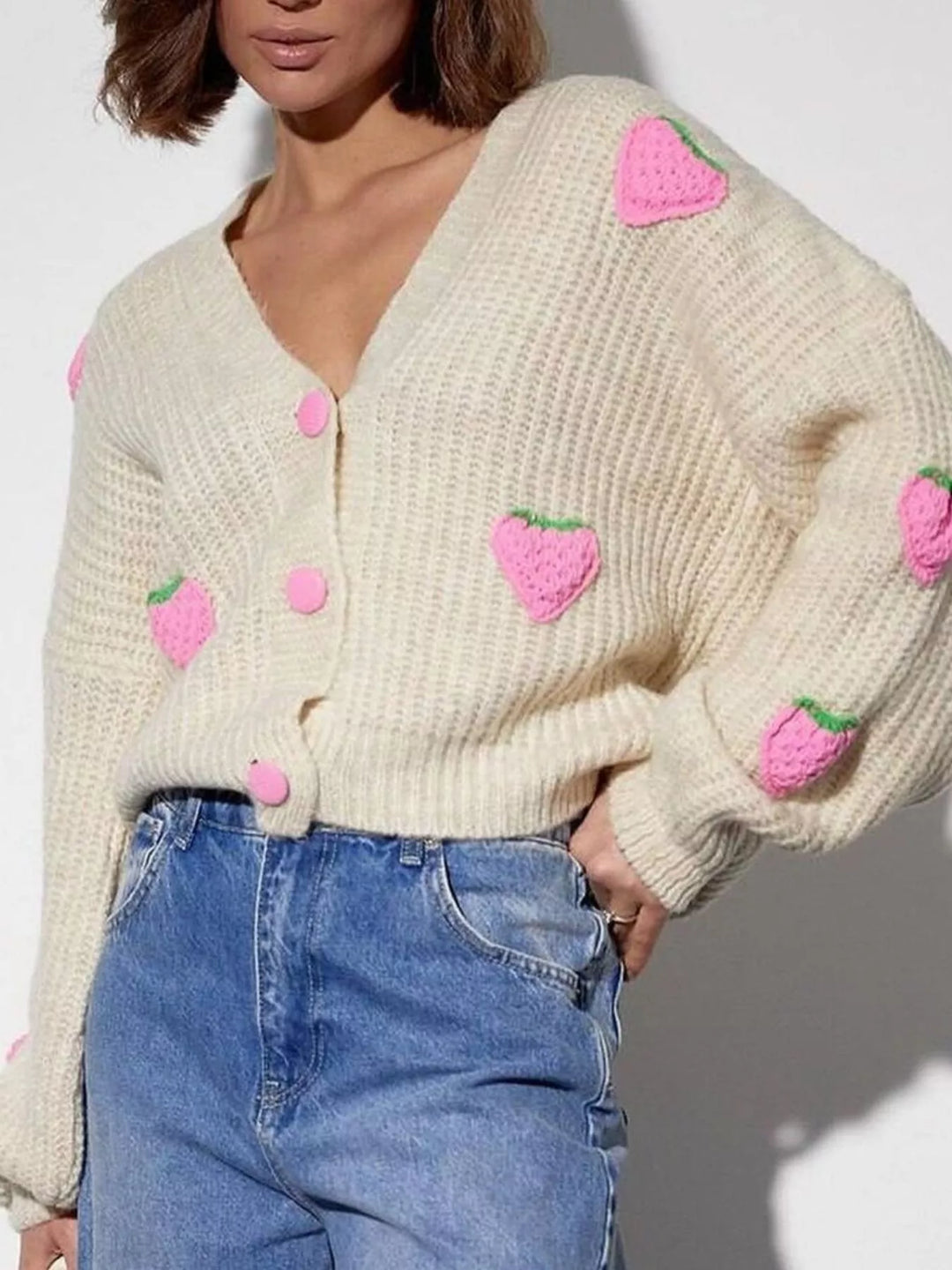 Beige Strawberry applique chunky knit button-down cardigan