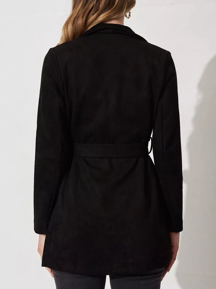 Faux suede waterfall collar jacket with tie belt