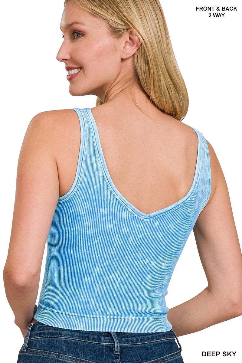 Washed ribbed seamless crop tank with reversible neckline