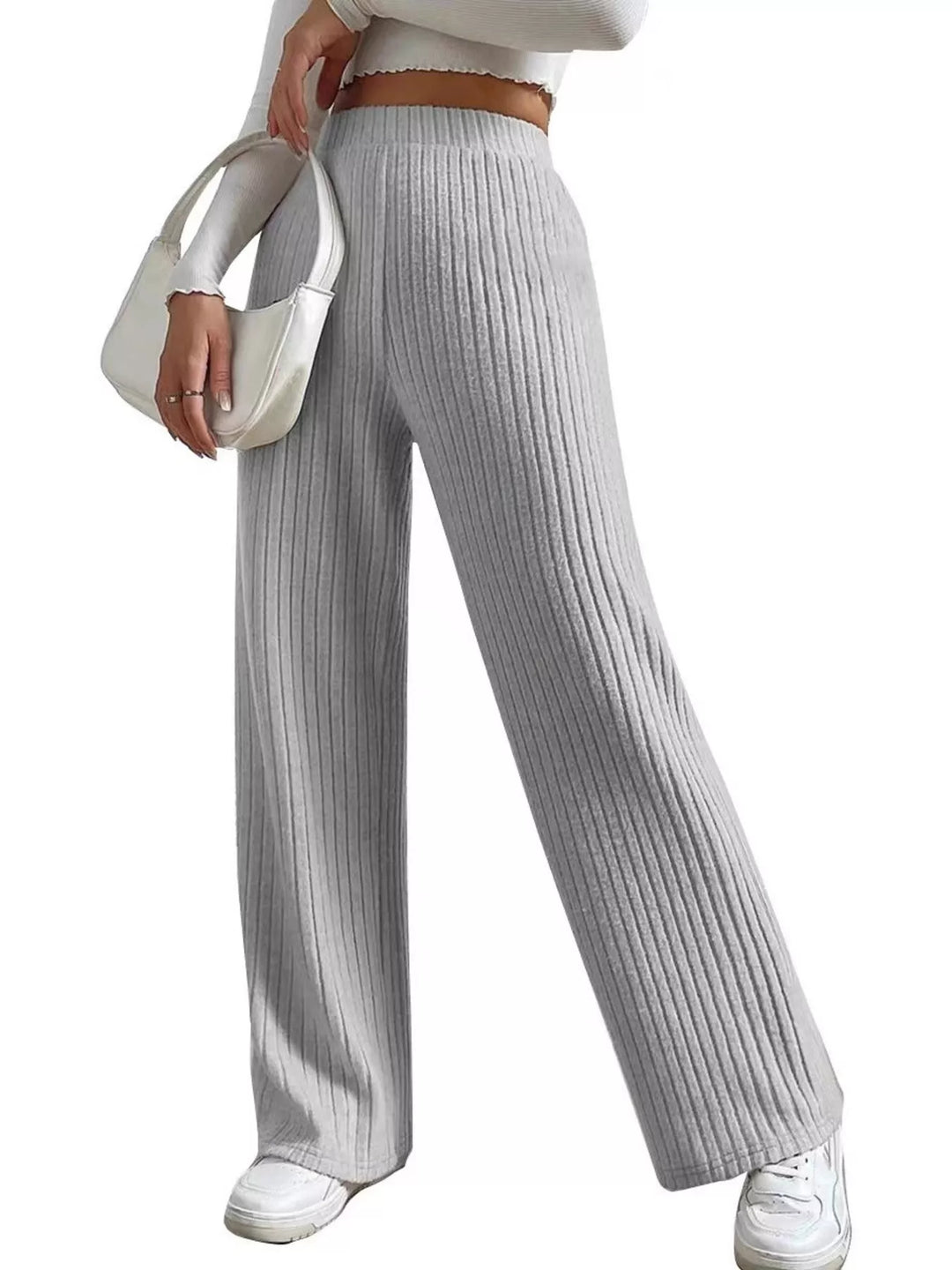 Ribbed knit wide-leg sweater pants with elastic high-rise waist