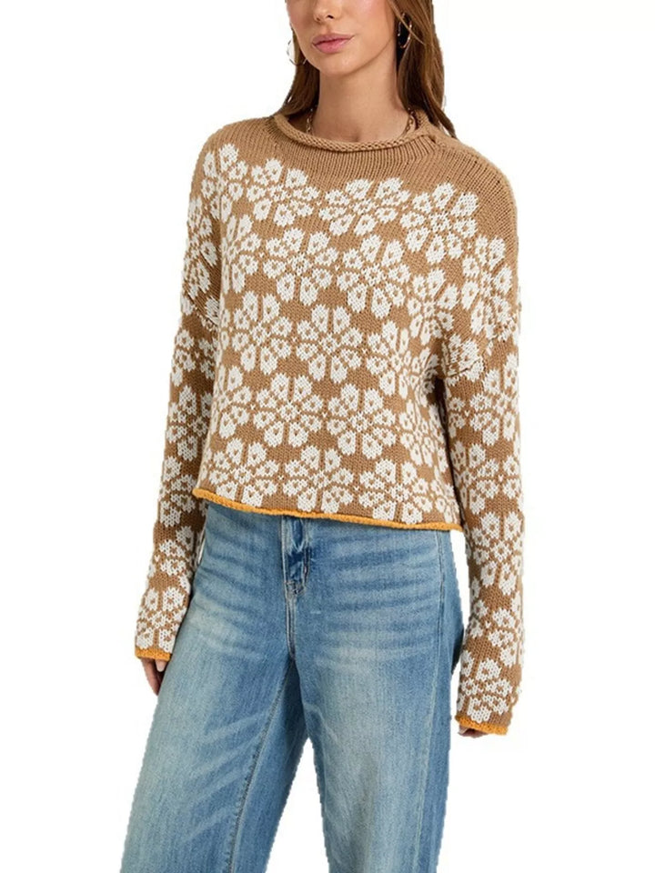 Floral knit dropped shoulder sweater with contrast trim