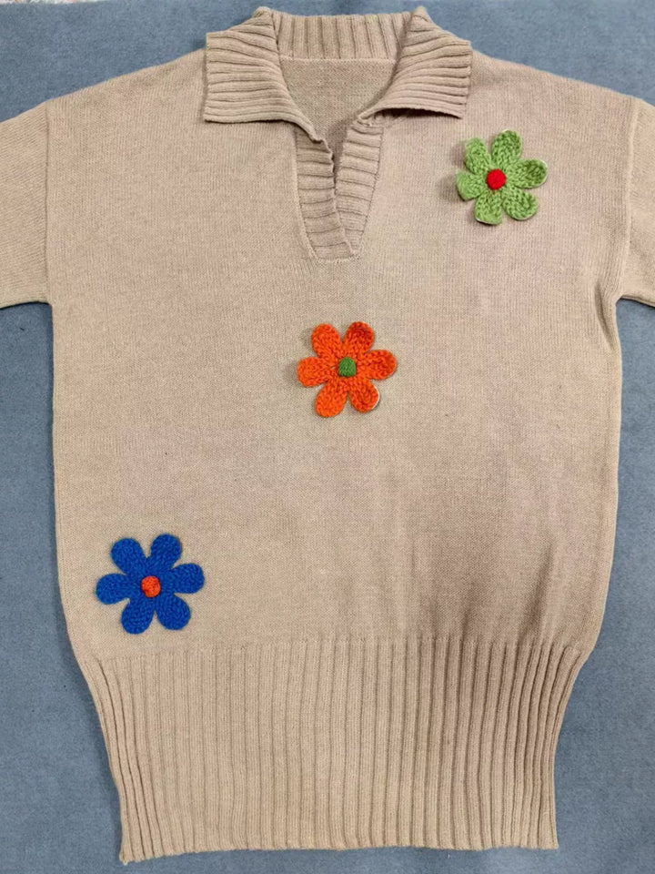 Floral applique collared sweater dress with ribbed hem
